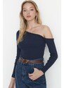 Trendyol Indigo Fitted Asymmetric Neck Open Shoulder Ribbed Flexible Knitted Blouse