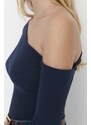 Trendyol Indigo Fitted Asymmetric Neck Open Shoulder Ribbed Flexible Knitted Blouse