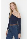 Trendyol Indigo Fitted Asymmetric Neck Open Shoulder Ribbed Flexible Knitted Blouse