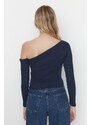 Trendyol Indigo Fitted Asymmetric Neck Open Shoulder Ribbed Flexible Knitted Blouse