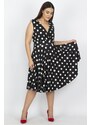 Şans Women's Plus Size Black Point Patterned Wrapped Back Waist Elastic Detailed Dress