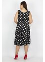 Şans Women's Plus Size Black Point Patterned Wrapped Back Waist Elastic Detailed Dress