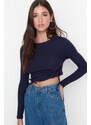 Trendyol Navy Blue Shirred Detailed Fitted Crop Crew Neck Ribbed Cotton Stretch Knit Blouse