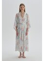 Dagi Ecru Patterned Three-Quarter Sleeve Woven Dressing Gown