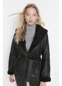 Trendyol Black Belted Plyšová kožešina Detail Kabát z umělé kůže
