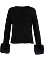 Trendyol černá kožešina detail posádky pletený svetr s výstřihem
