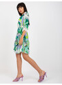 Fashionhunters Zelenofialové zavinovací šaty s volánky a potisky