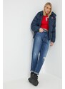 Péřová bunda Tommy Jeans dámská, tmavomodrá barva,