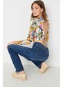 Trendyol Orange Printed Low-Cut Fitted/Slip-On Crop, Flexible Knitted Blouse