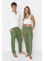 Trendyol Khaki Unisex Běžný / Normální Střih Tištěné Pletené Elastické Nohy Tlusté Bavlněné Tepláky