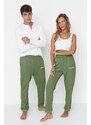 Trendyol Khaki Unisex Běžný / Normální Střih Tištěné Pletené Elastické Nohy Tlusté Bavlněné Tepláky