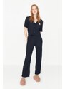 Trendyol Navy Blue Embroidered Ribbed Shirt-Pants and Knitted Pajamas Set