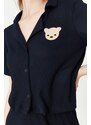 Trendyol Navy Blue Embroidered Ribbed Shirt-Pants and Knitted Pajamas Set