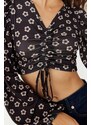 Trendyol Black Floral Print Shirring Detailed Fitted/Sleeping Crop V-Neck Knitted Blouse