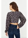 Trendyol Black Floral Print Shirring Detailed Fitted/Sleeping Crop V-Neck Knitted Blouse