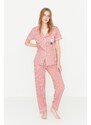 Trendyol Pink Cotton Striped Animal Printed Shirt-Pants Knitted Pajama Set