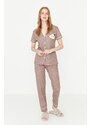 Trendyol Mink Printed Shirt-Pants and Knitted Pajamas Set