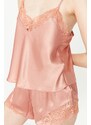 Trendyol Salmon Lace Detailed Satin Undershirt-Shorts Woven Pajamas Set