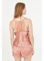 Trendyol Salmon Lace Detailed Satin Undershirt-Shorts Woven Pajamas Set