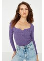 Trendyol Purple V-Neck Detailed Ribbed Snaps Knitted Bodysuit