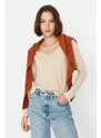 Trendyol Brown-Beige 100% Cotton 2-Pack Basic V Neck Knitted T-Shirt