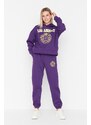 Trendyol Purple Loose Jogger Printed Knitted Sweatpants with Fleece Inside