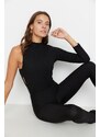 Trendyol Black Standing Collar With Cutout Detail Single Sleeve Ribbed Flexible Knitted Snap Button Body