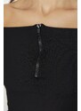 Trendyol Black Zipper Carmen Collar Corduroy Flexible Long Sleeves With Snap Button Knitted Body