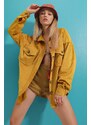 Trend Alaçatı Stili Women's Mustard Velvet Cotton Double Pocket Oversize Jacket Shirt