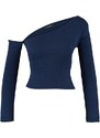 Trendyol Indigo Fitted Asymmetric Neck Open Shoulder Ribbed Flexible Knitted Blouse