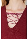 Trendyol Claret Red Tie Detailní manšestrové pletené šaty