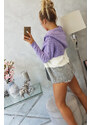 K-Fashion Tříbarevný svetr s kapucí fialová+ecru+šedá