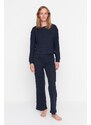 Trendyol Navy Blue Corded Cotton T-shirt-Pants Knitted Pajama Set