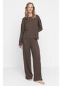 Trendyol Brown Corded Cotton Tshirt-Pants Knitted Pajama Set