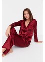 Trendyol Burgundy New Year Themed Embroidered Satin Shirt-Pants Woven Pajama Set