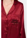 Trendyol Burgundy New Year Themed Embroidered Satin Shirt-Pants Woven Pajama Set