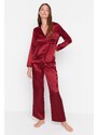 Trendyol Burgundy New Year Themed Embroidered Satin Shirt-Pants Woven Pajama Set