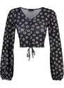 Trendyol Black Floral Print Shirring Detailed Fitted/Sleeping Crop V-Neck Knitted Blouse