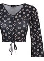 Trendyol Black Floral Print Shirring Detailed Fitted/Sleeping Crop V-Neck Knitted Blouse