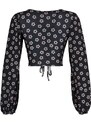 Trendyol Black Floral Print Shirring Detailed Fitted/Sleeping Crop V-Neck Knitted Blouse