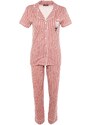 Trendyol Pink Cotton Striped Animal Printed Shirt-Pants Knitted Pajama Set