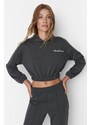 Trendyol Anthracite Hooded Crop Thin Fleece Knitted Sweatshirt