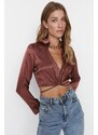 Trendyol Brown Crop Tie Detail Satin Woven Blouse