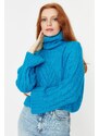 Trendyol Blue Crop Rolák pletený svetr