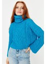 Trendyol Blue Crop Rolák pletený svetr