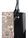 Luxusní velká dámská kabelka černý lak s hnědými kvítky S528 GROSSO