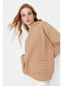 Trendyol Beige Loose Hooded Printed and Raised Knitted Sweatshirt