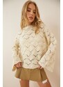 Happiness İstanbul Women's Cream Diamond Patterned Openwork Knitwear Sweater