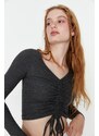 Trendyol Anthracite Ruffle Detailed V-Neck Ribbed Stretch Knitted Blouse