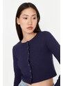 Trendyol Navy Blue Button Detailed Crop Crew Neck Ribbed Stretch Knitted Blouse